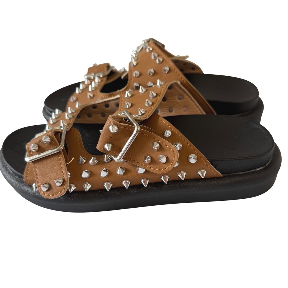 Studded Double Buckle Platform Slide Sandals Brown Silver Street Punk Sz 36 New - Picture 4 of 7